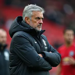 José Mourinho manages Manchester United from the sidelines, showcasing his tactical expertise.