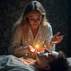 Healer hovering hands over a patient, eyes closed in concentration, perceiving the subtle energetic field and identifying areas of imbalance or distortion.