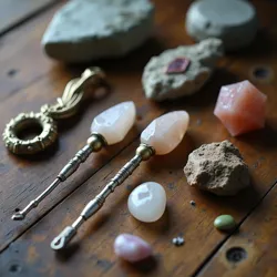 Collection of natural objects like crystals, ancient wood, and metal wires, used as tools to focus and channel healing energies.