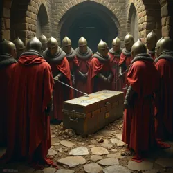 Knights Templar shown secretly burying the Dirge Coffer in the Glastonbury repository.