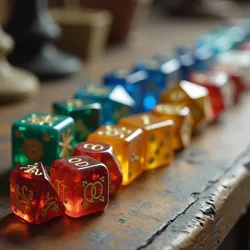 A chromatic scale of dice, from novice white to master gold, signifies potency and skill in aleamancy.
