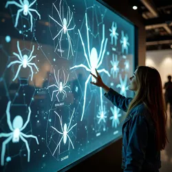 A visitor interacts with a holographic display of record-holding spider species at the [Museum of Arachnid Achievements](#)