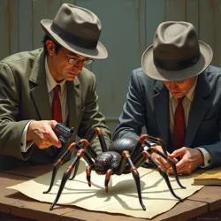 Judges at the 4728 Annual Spider Size Championships carefully measure a [Giant Shadow Weaver](#) specimen using specialized laser calipers