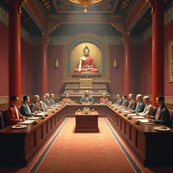 Crystalline council chamber with floating holograms