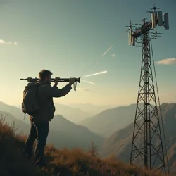 Person aiming a directional antenna array towards the sky or horizon to pinpoint the source of elusive electromagnetic signals.