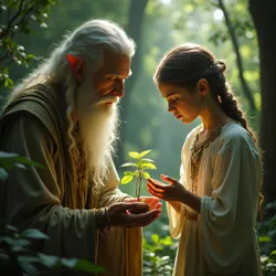 An experienced elven master weaver guiding a young apprentice in sensing and interacting with the life force of a plant or small creature.