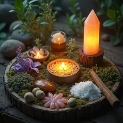 Collection of radiant herbs, glowing crystals, and natural poultices used in elven energy healing practices, gathered from the natural world.