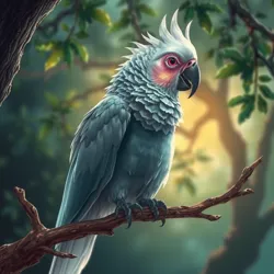 An artistic depiction of a ghostly parrot perched amidst the mystical Arithmorian Forest
