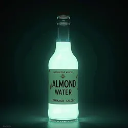 A standard-issue bottle of Almond Water displaying its characteristic bioluminescent properties