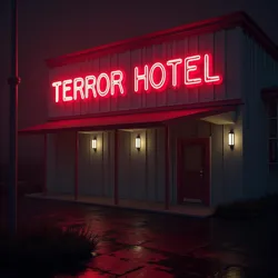 The iconic neon sign of Level 5: The Terror Hotel, one of the most memorable locations in Wanderer