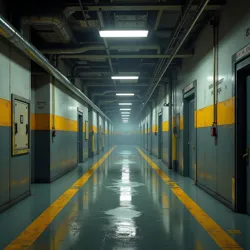 The maintenance corridors of Level 1, showing the transition from office spaces to industrial architecture