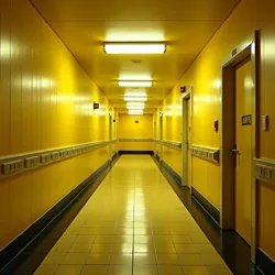 The distinctive yellow wallpaper and fluorescent lighting of Level 0, the most commonly encountered entrance point to the Backrooms