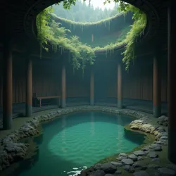 A dark, misty hot spring surrounded by traditional architecture