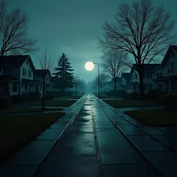 A suburban street in Level 9 at perpetual dusk