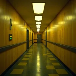 The iconic yellow wallpaper and fluorescent lighting of Level 0, as depicted in NoCliped (2022)
