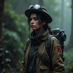 Ortega as Maria Diaz in a pivotal scene from Wanderer (2024), wearing the distinctive M.E.G. explorer gear