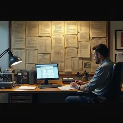 The extensive wall of evidence and connections maintained by James Reynolds in his home office, as recreated for Wanderer (2024)