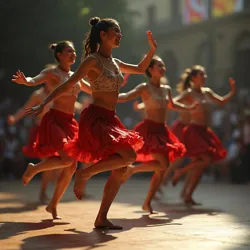 Group of dancers performing synchronized weighted hops, creating a percussive accent and dynamic contrast in a Chungueira performance.