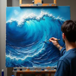 Painter applying intense blue paint to a canvas in a studio setting, evoking the traditional craft potentially combined with a unique material.