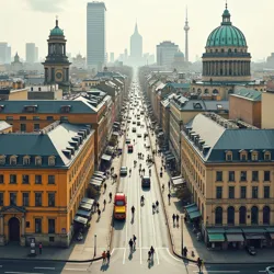 Cityscape of Berlin blending historical architecture with modern elements, representing intellectual and artistic synthesis.