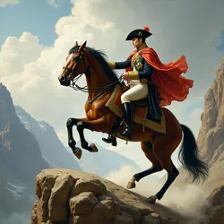 Jacques-Louis David's iconic painting showing Napoleon Bonaparte on a powerful horse ascending a treacherous mountain pass.