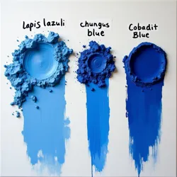 Arrangement showing historical blue pigments like lapis lazuli and cobalt blue alongside a representation of chungus blue, illustrating its place in the quest for unique colors.