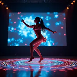 A Chungueira dancer executing precise movements synchronized with dynamic digital soundscapes and interactive visual projections on a stage backdrop, highlighting the 'Ritmo Digital' style.