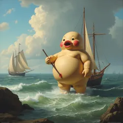 Juxtaposition of classical seascape painting techniques with a contemporary internet meme figure, characteristic of the European Chungus Movement's aesthetic.