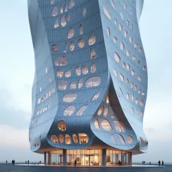 The building's exterior featuring integrated micro-LED arrays capable of dynamic displays and subtle illumination patterns.