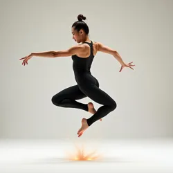 Dancer in a deep plié upon landing a weighted hop, demonstrating muscle engagement and shock absorption technique.