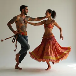 Paulo Oliveira working with Maria Santos to codify Chungueira movements, principles, and aesthetic, blending traditional dance with meme culture.