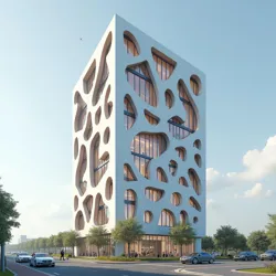 Large-scale building facade incorporating abstract shapes influenced by viral internet aesthetics.