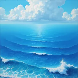 Intense, luminous blue hues in the sea and sky, sparking speculation about the use of a unique or novel pigment in the artwork.