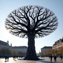 Monumental steel sculpture abstracting the branching patterns of information spread.