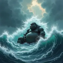 Powerful waves crashing under a stormy sky, rendered with dynamic brushstrokes in deep blues and greens, creating a sense of motion and drama.