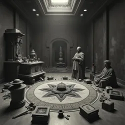 A forensic photograph from 1947 showing the aftermath of an interrupted ceremonial arrangement at the Museum of Ancient Tyrrhenia