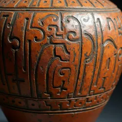 Close-up view of the intricate surface treatments showing the distinctive bristle patterns and ritualistic markings