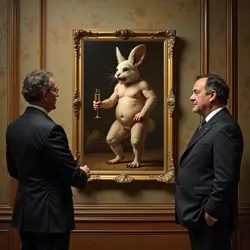 Depiction of a private viewing or transaction, representing Monsieur E. Dubois acquiring Baron von Mungus's controversial painting,