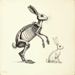 Detailed charcoal and ink drawings by Baron von Mungus exploring the musculature and skeleton of rabbits, showcasing his scientific rigor in anatomical investigations beyond his main subject.