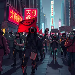Augmented dancers lead a demonstration outside the Central Processing Hub