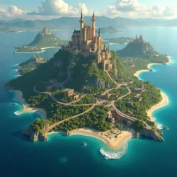 Depicts Mythos Isle, an archipelago of legendary islands, each embodying distinct realms of global mythology like ancient Greece and Norse legends.