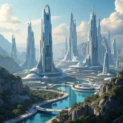 Depicts Neo-Athenaeum, a gleaming metropolis of the future, showcasing technological innovation, cosmic exploration and sleek futuristic architecture.