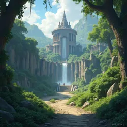 Depicts the Xanadu Expanse, featuring dense jungles, crumbling ruins, and hidden temples, evoking an age of exploration and archaeological discovery.