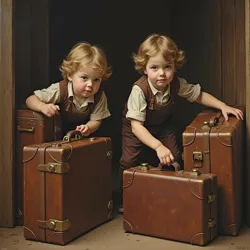 The young Edison twins hiding among suitcases, attempting to sneak away for an adventure, demonstrating their shared desire for exploration.