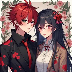 Virtual avatars CrimsonBolt and RosalineMelody surrounded by elements representing their diverse artistic interests like music, dance, art, and journalism.