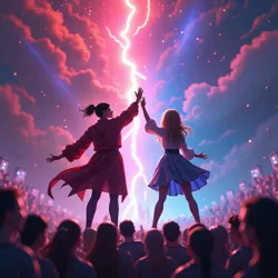 Virtual avatars CrimsonBolt and RosalineMelody reaching towards various possibilities like virtual concert stages and physical convention spaces, symbolizing their future goals.