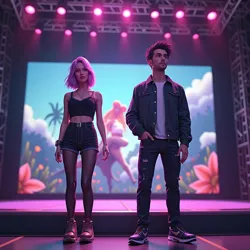 Virtual avatars CrimsonBolt and RosalineMelody on a virtual stage, symbolizing their debut and early success with Novavina Productions.