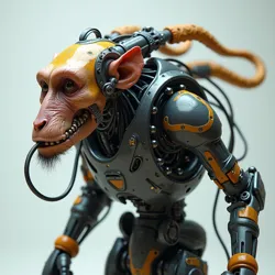 Exo-Simian society showcasing a spectrum of bio-mechanical augmentations, merging organic and artificial systems.