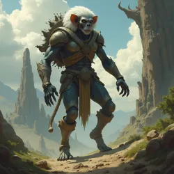 The mythical Simian Sage, a being of intellect and agility, experimenting with early technologies in primordial landscapes.
