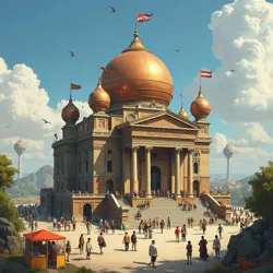 Floating courthouse with copper balloons